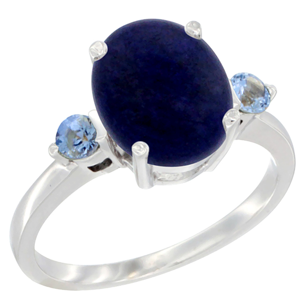 10K White Gold 10x8mm Oval Natural Lapis Ring for Women Light Blue Sapphire Side-stones sizes 5 - 10