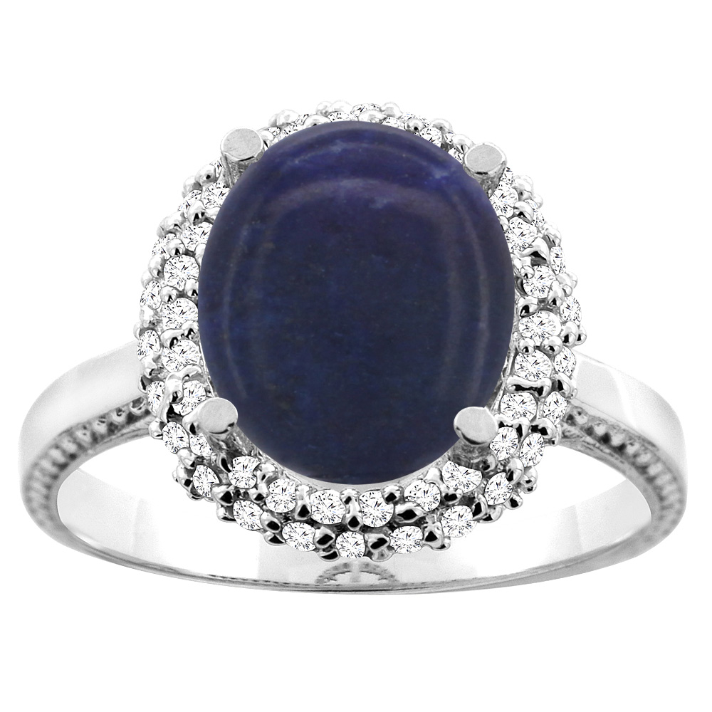 10K White/Yellow Gold Natural Lapis Double Halo Ring Oval 10x8mm Diamond Accent, sizes 5 - 10