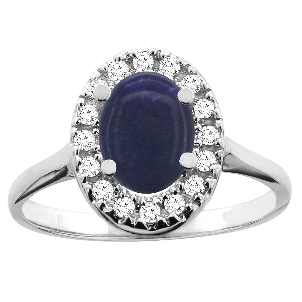 14K White/Yellow Gold Natural Lapis Ring Oval 8x6mm Diamond Accent, sizes 5 - 10