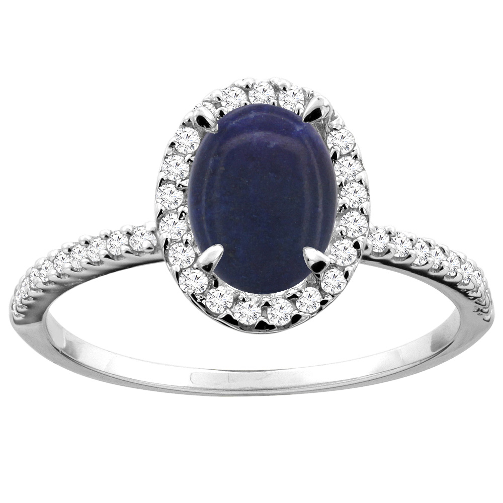 10K White/Yellow Gold Natural Lapis Ring Oval 8x6mm Diamond Accent, sizes 5 - 10