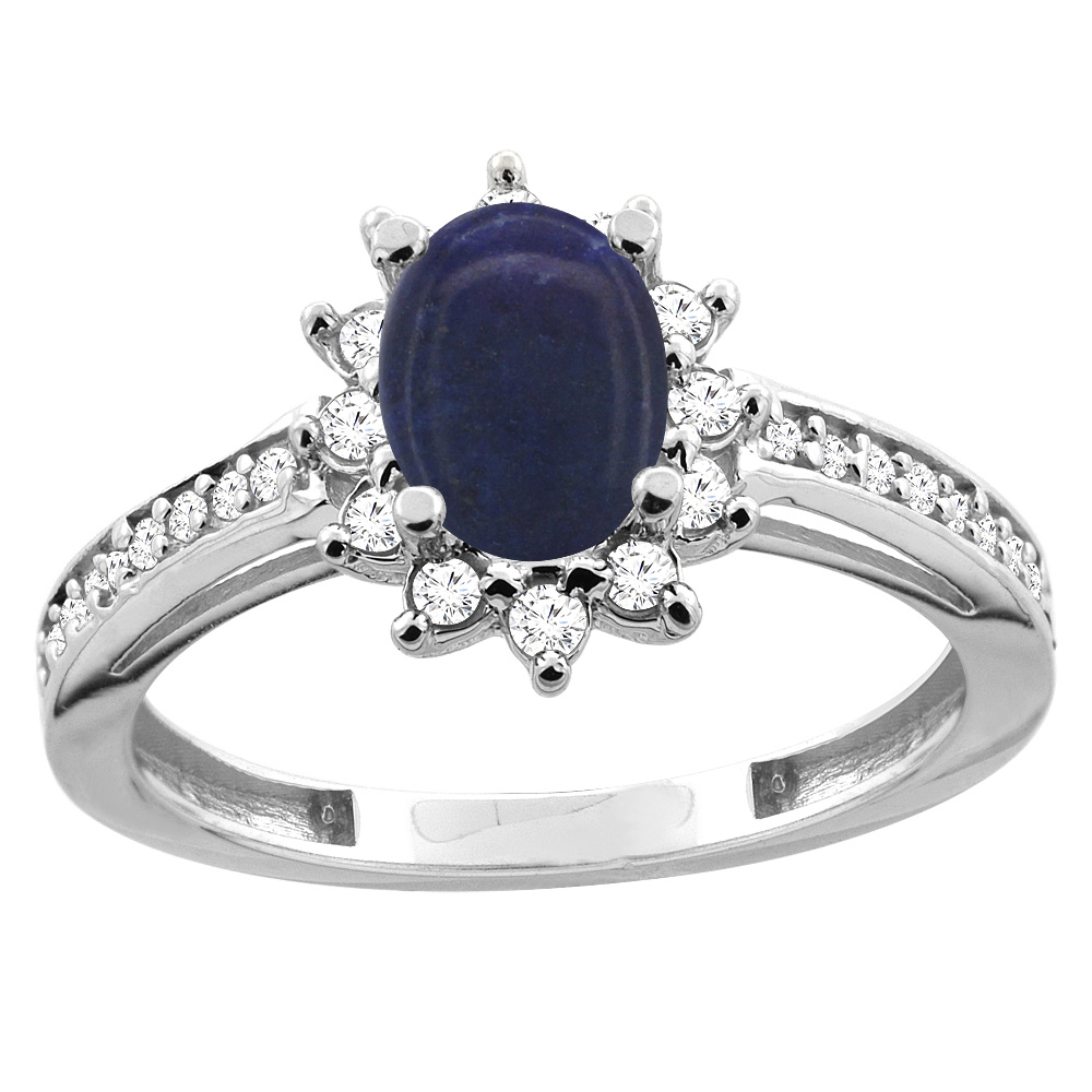 14K White/Yellow Gold Diamond Natural Lapis Floral Halo Engagement Ring Oval 7x5mm, sizes 5 - 10