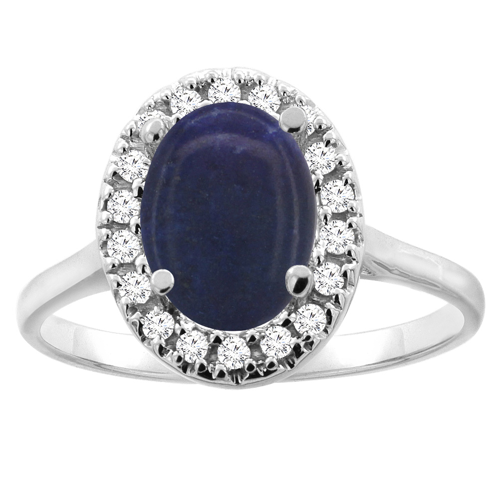 10K Gold Natural Lapis Halo Ring Oval 9x7mm Diamond Accent, sizes 5 - 10