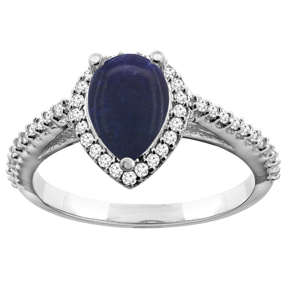 10K White Gold Natural Lapis Ring Pear 9x7mm Diamond Accents, sizes 5 - 10