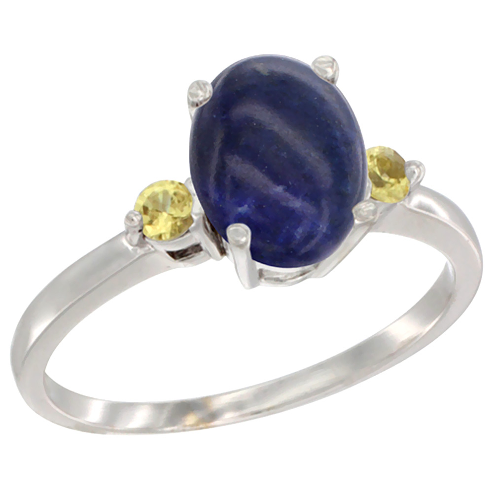 14K White Gold Natural Lapis Ring Oval 9x7 mm Yellow Sapphire Accent, sizes 5 to 10