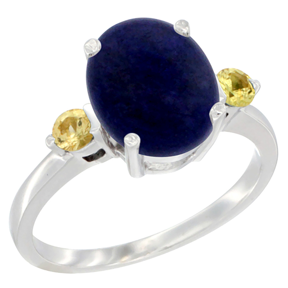 14K White Gold 10x8mm Oval Natural Lapis Ring for Women Yellow Sapphire Side-stones sizes 5 - 10