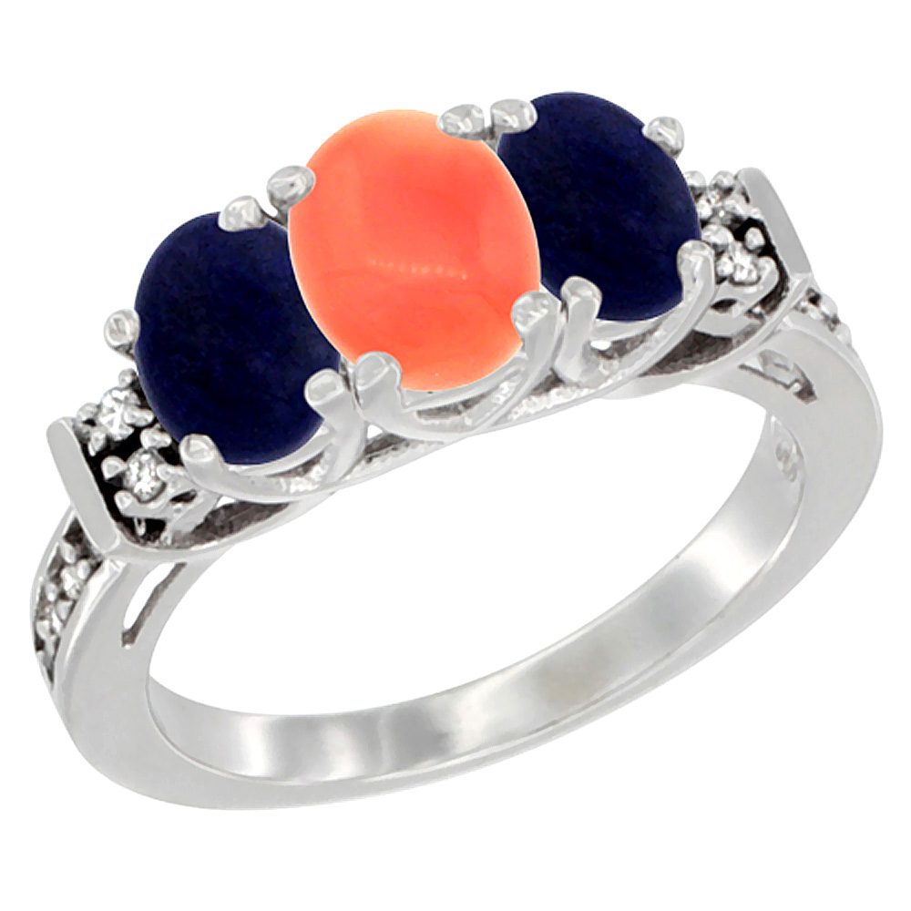 14K White Gold Natural Coral & Lapis Ring 3-Stone Oval Diamond Accent, sizes 5-10