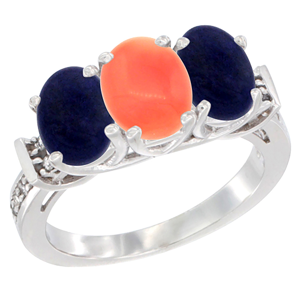10K White Gold Natural Coral & Lapis Sides Ring 3-Stone Oval Diamond Accent, sizes 5 - 10