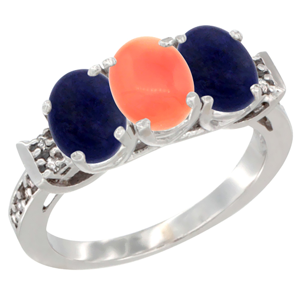 10K White Gold Natural Coral & Lapis Sides Ring 3-Stone Oval 7x5 mm Diamond Accent, sizes 5 - 10