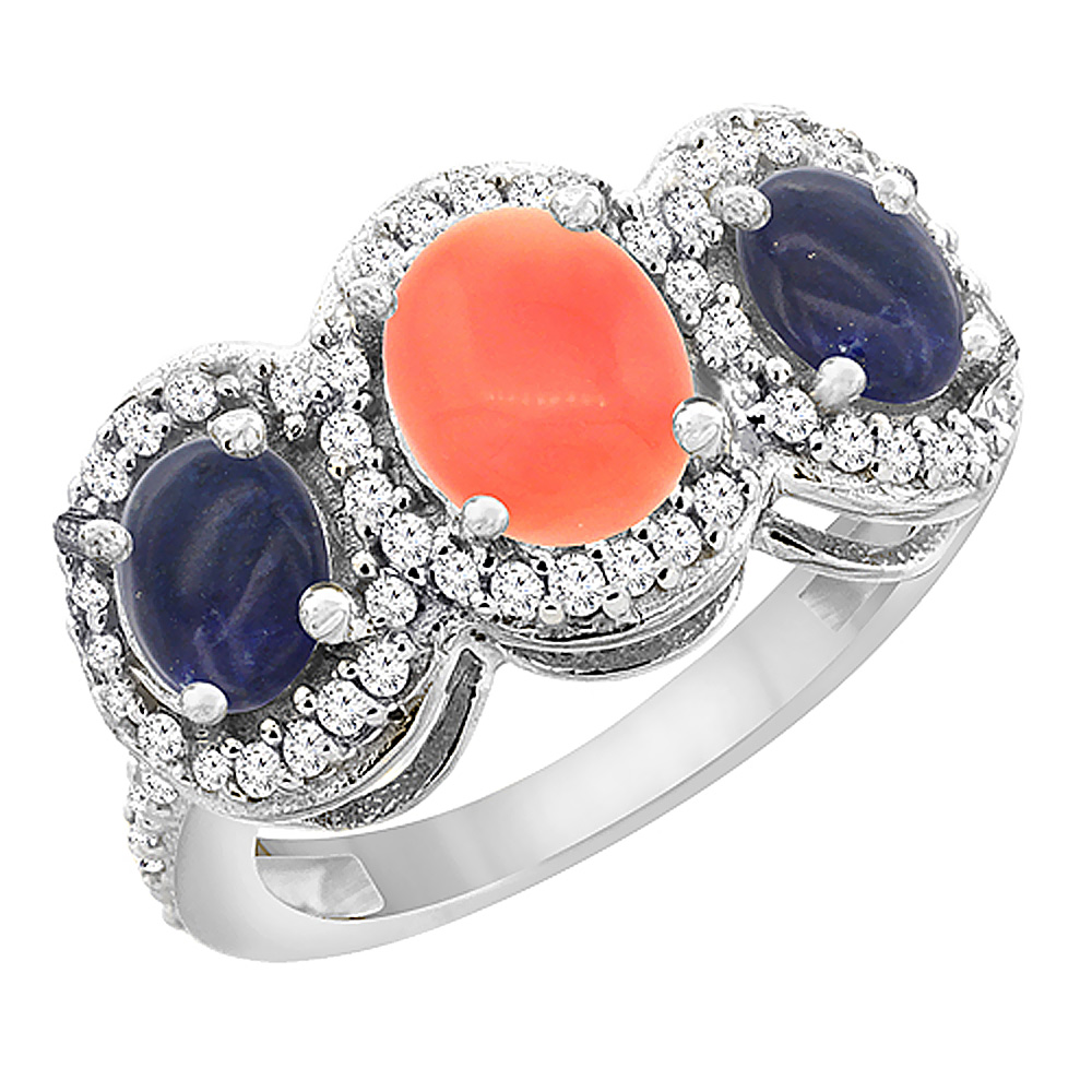 14K White Gold Natural Coral & Lapis 3-Stone Ring Oval Diamond Accent, sizes 5 - 10