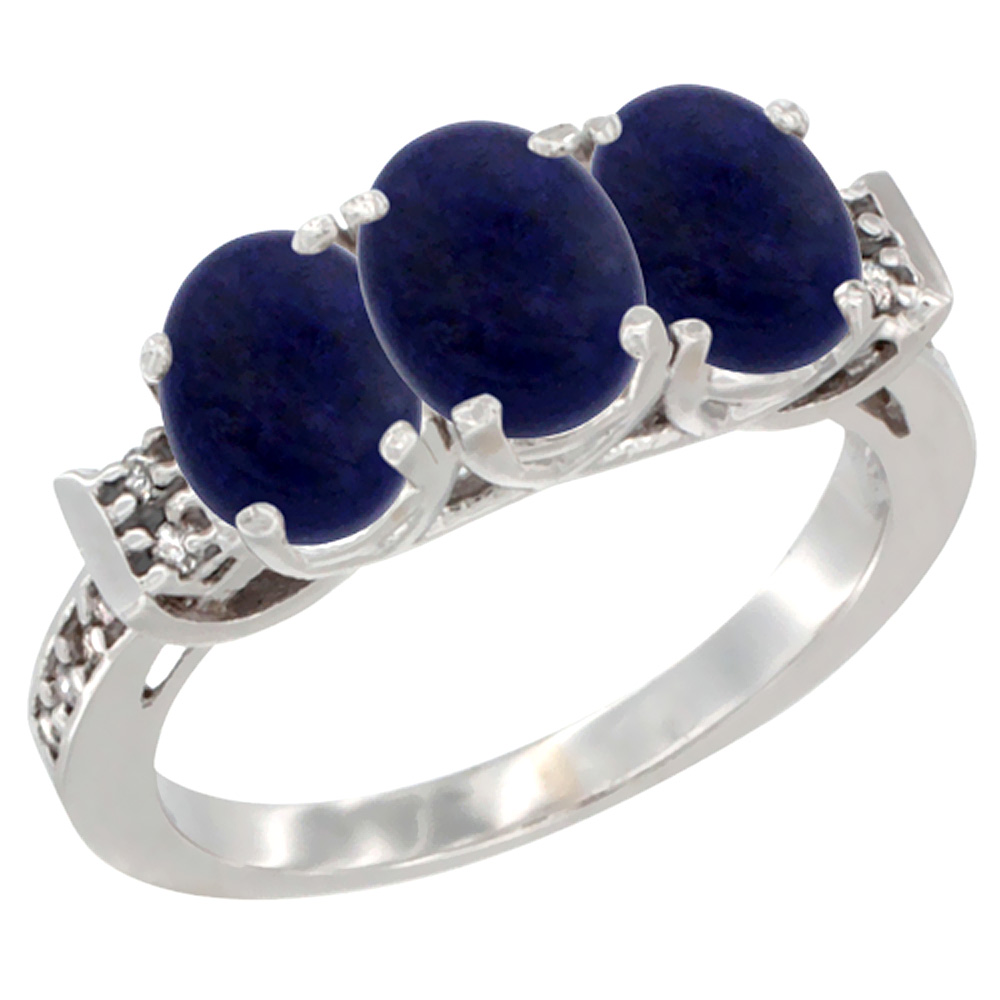 14K White Gold Natural Lapis Ring 3-Stone 7x5 mm Oval Diamond Accent, sizes 5 - 10