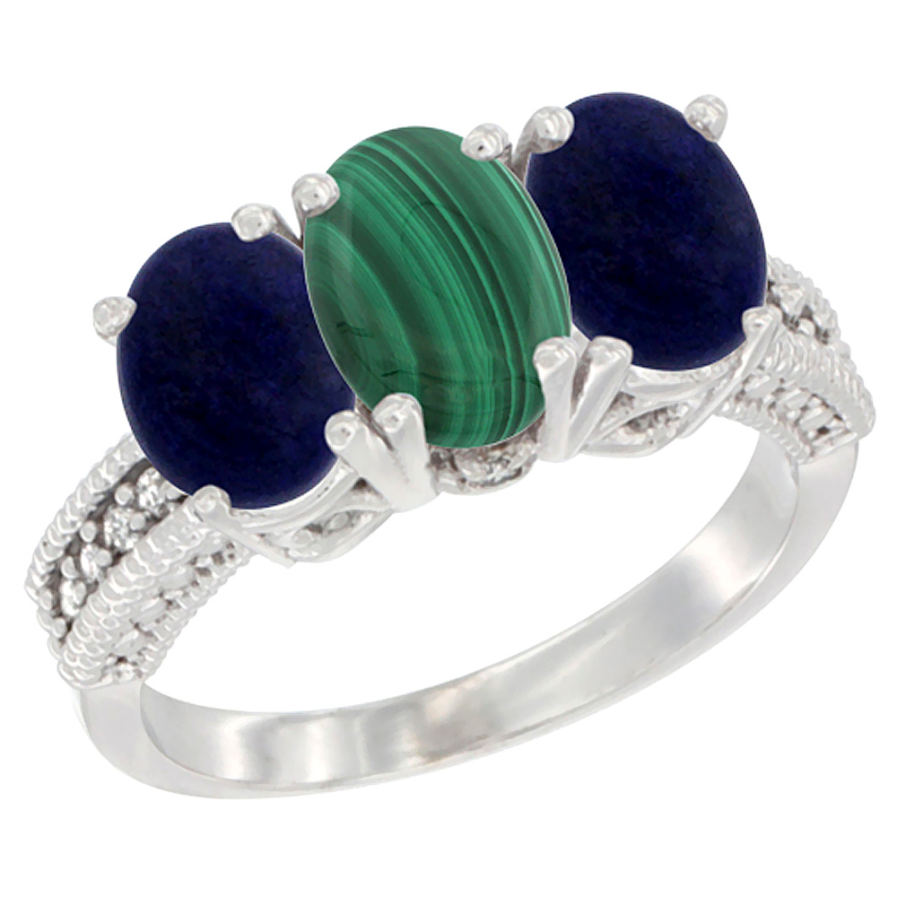 14K White Gold Natural Malachite Ring with Lapis 3-Stone 7x5 mm Oval Diamond Accent, sizes 5 - 10