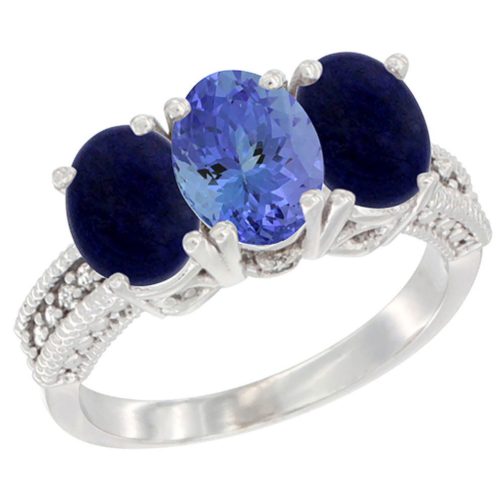 14K White Gold Natural Tanzanite Ring with Lapis 3-Stone 7x5 mm Oval Diamond Accent, sizes 5 - 10