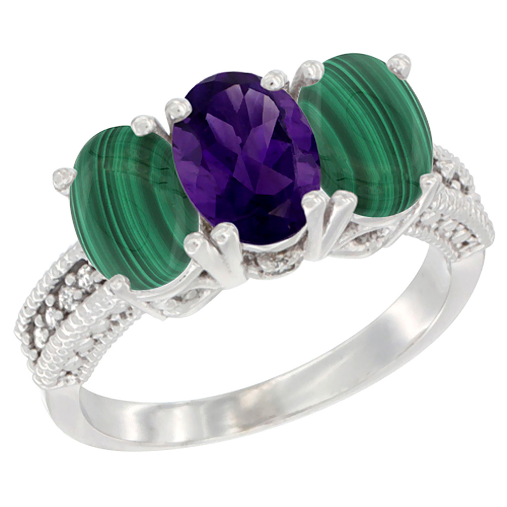 14K White Gold Natural Amethyst Ring with Malachite 3-Stone 7x5 mm Oval Diamond Accent, sizes 5 - 10