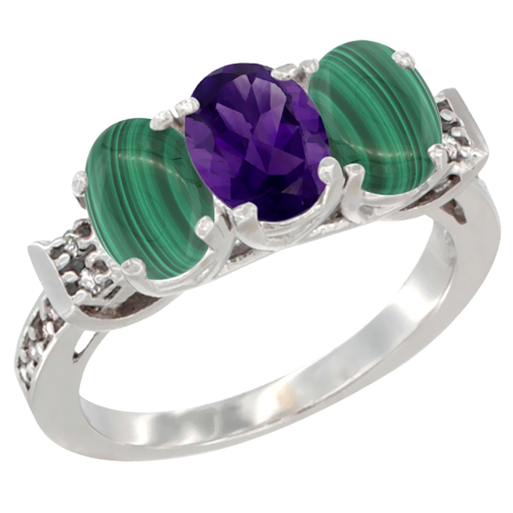 10K White Gold Natural Amethyst &amp; Malachite Sides Ring 3-Stone Oval 7x5 mm Diamond Accent, sizes 5 - 10