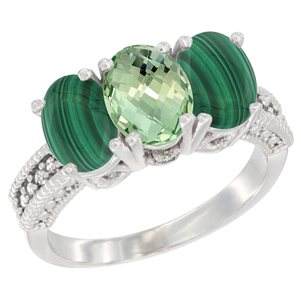 14K White Gold Natural Green Amethyst Ring with Malachite 3-Stone 7x5 mm Oval Diamond Accent, sizes 5 - 10