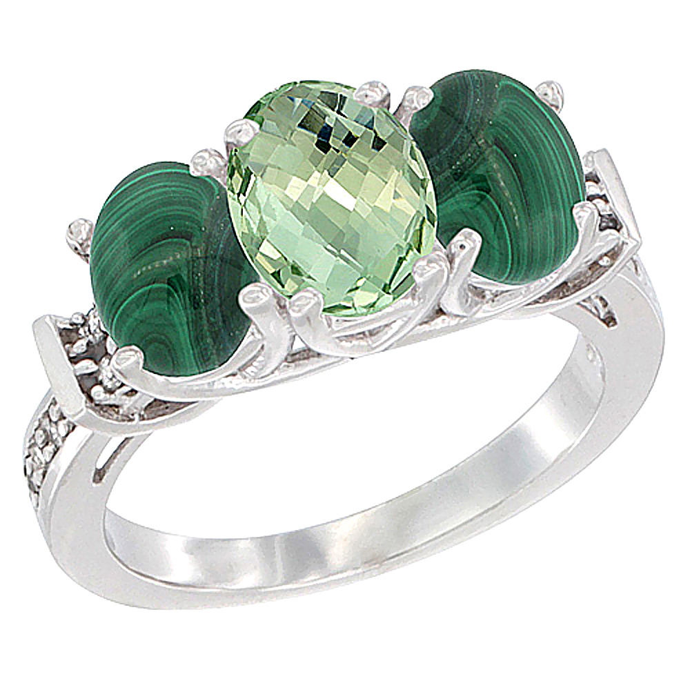 14K White Gold Natural Green Amethyst &amp; Malachite Sides Ring 3-Stone Oval Diamond Accent, sizes 5 - 10