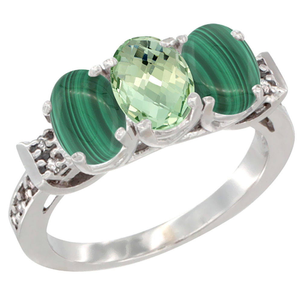 10K White Gold Natural Green Amethyst &amp; Malachite Sides Ring 3-Stone Oval 7x5 mm Diamond Accent, sizes 5 - 10