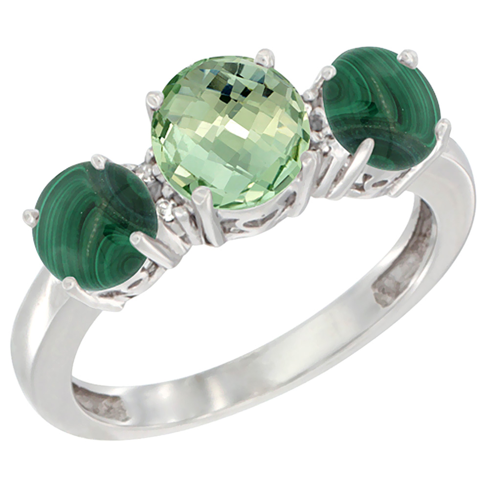10K White Gold Round 3-Stone Natural Green Amethyst Ring & Malachite Sides Diamond Accent, sizes 5 - 10