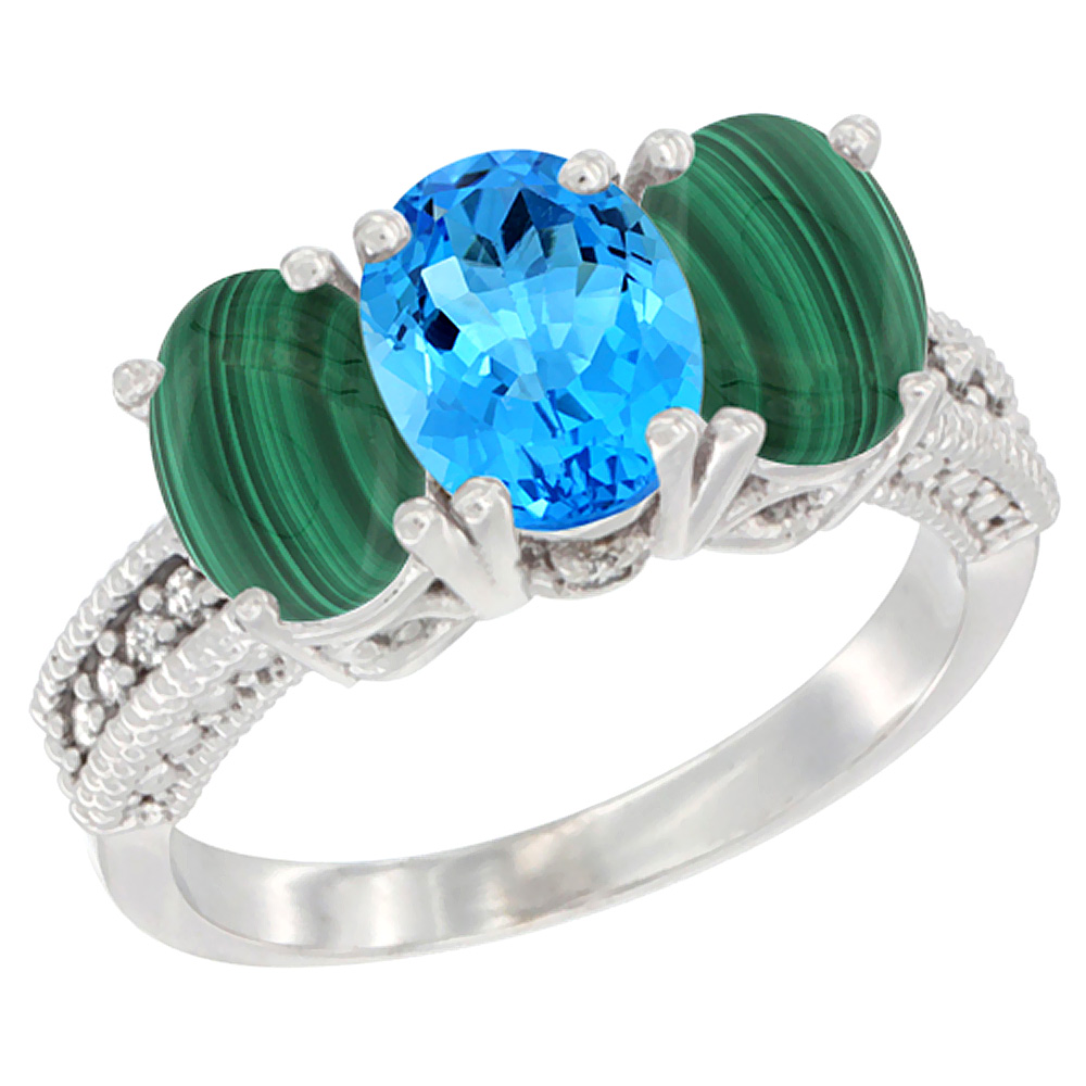 14K White Gold Natural Swiss Blue Topaz Ring with Malachite 3-Stone 7x5 mm Oval Diamond Accent, sizes 5 - 10