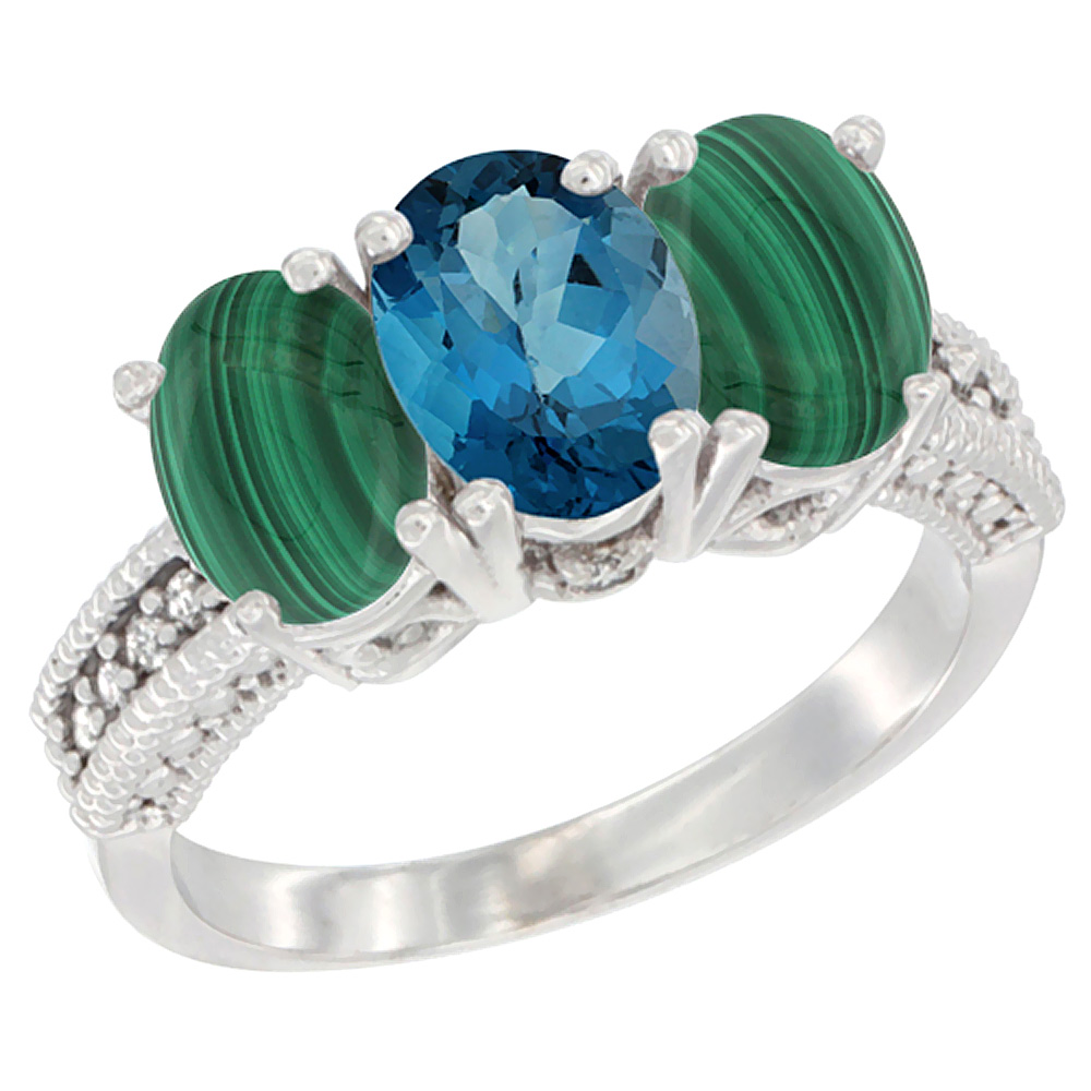 14K White Gold Natural London Blue Topaz Ring with Malachite 3-Stone 7x5 mm Oval Diamond Accent, sizes 5 - 10