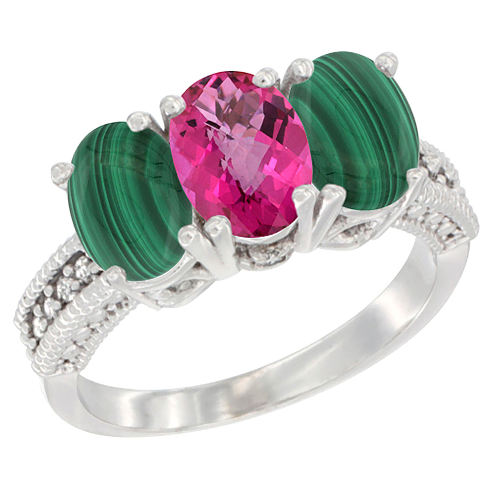 14K White Gold Natural Pink Topaz Ring with Malachite 3-Stone 7x5 mm Oval Diamond Accent, sizes 5 - 10