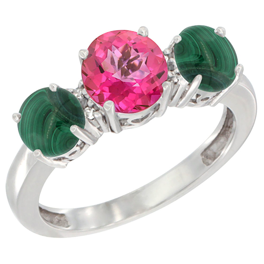 10K White Gold Round 3-Stone Natural Pink Topaz Ring &amp; Malachite Sides Diamond Accent, sizes 5 - 10
