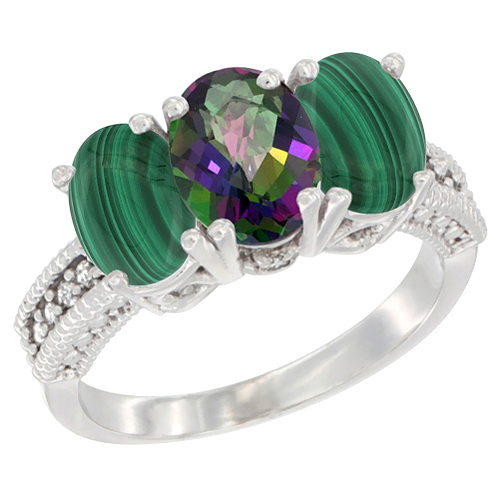 14K White Gold Natural Mystic Topaz Ring with Malachite 3-Stone 7x5 mm Oval Diamond Accent, sizes 5 - 10