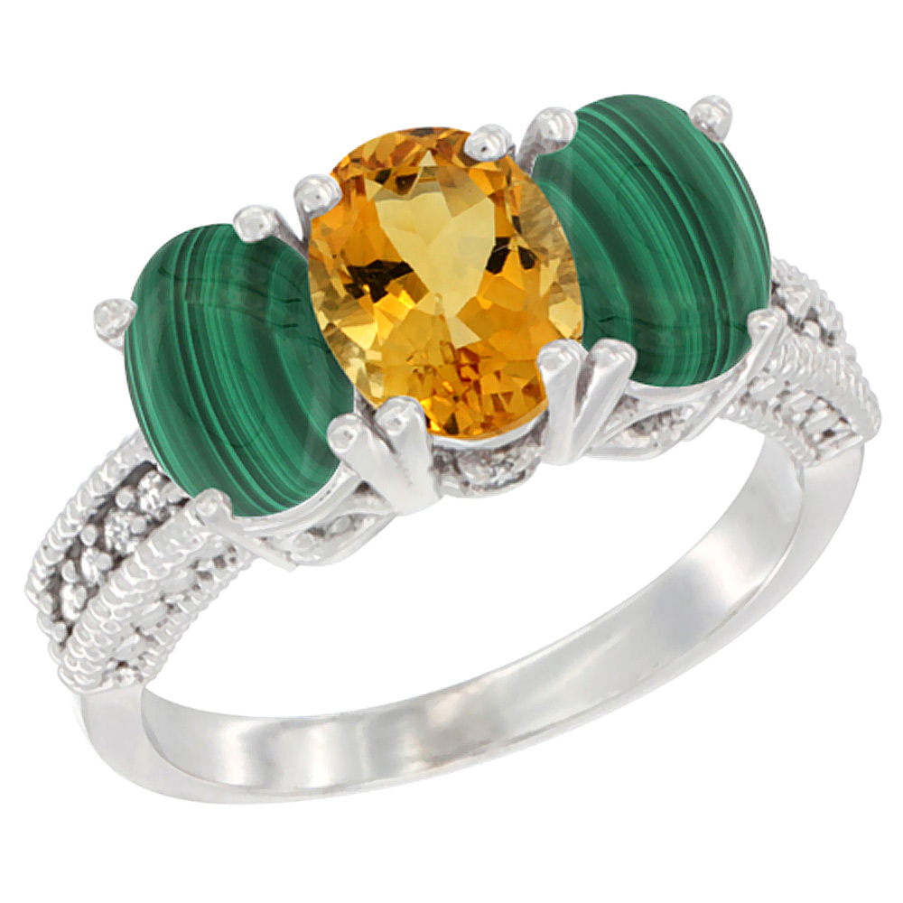 14K White Gold Natural Citrine Ring with Malachite 3-Stone 7x5 mm Oval Diamond Accent, sizes 5 - 10
