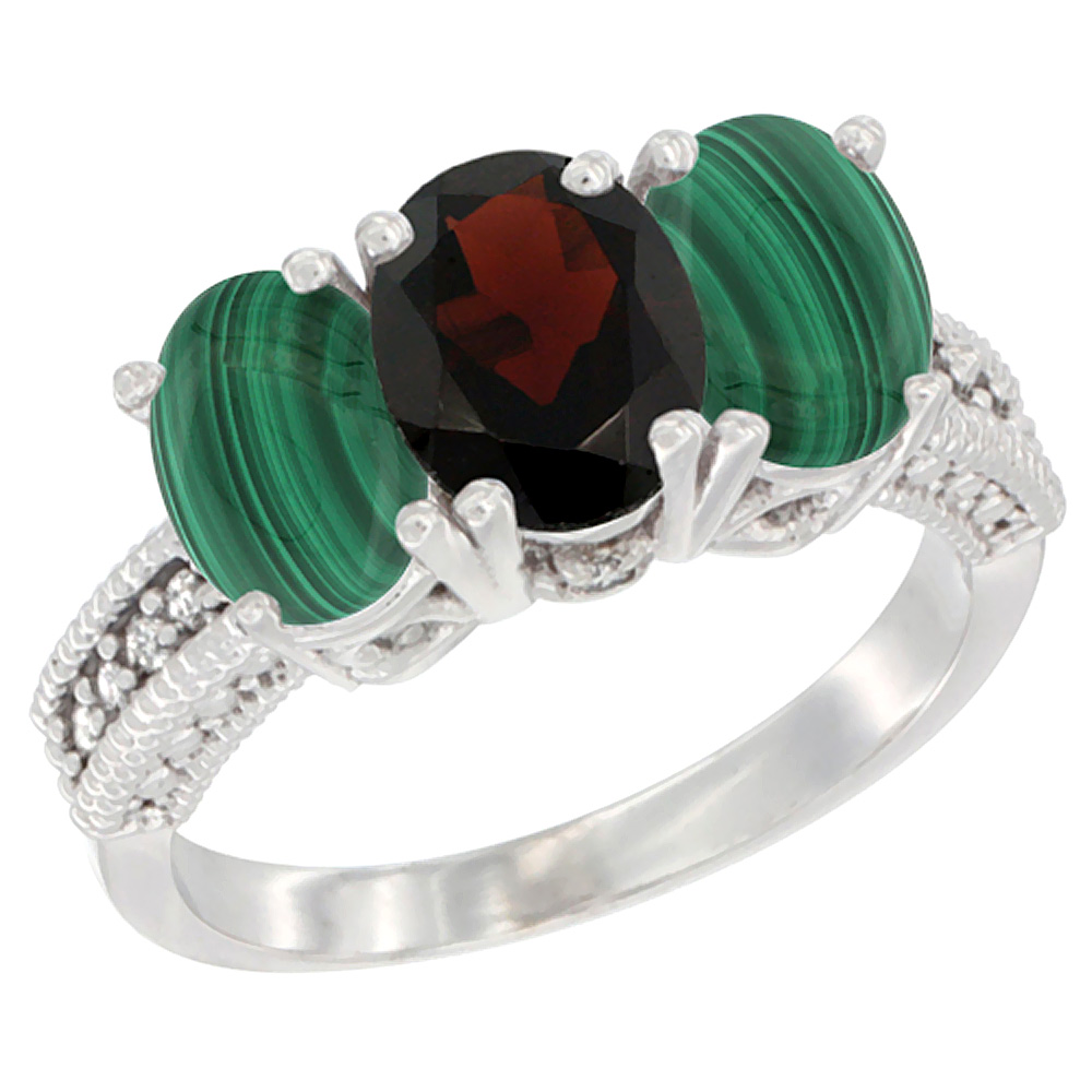 14K White Gold Natural Garnet Ring with Malachite 3-Stone 7x5 mm Oval Diamond Accent, sizes 5 - 10