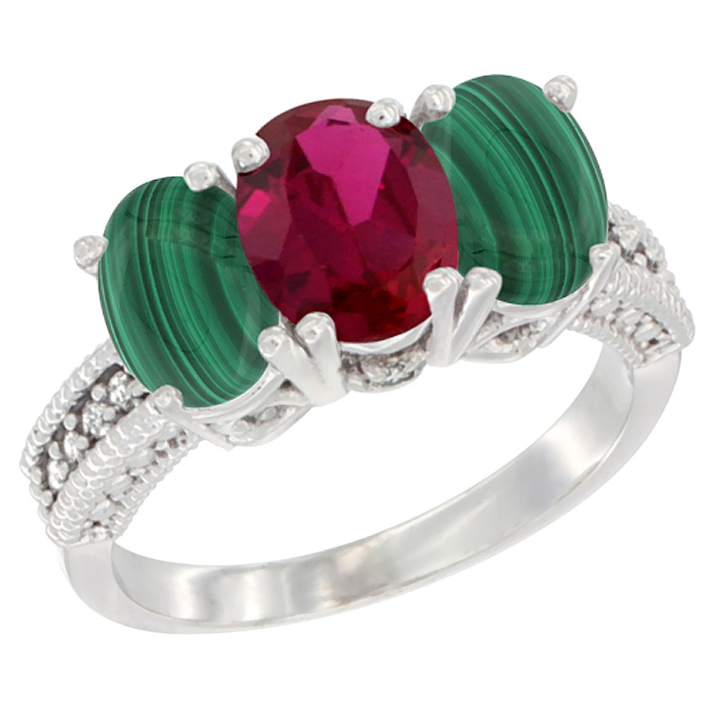 14K White Gold Enhanced Ruby Ring with Natural Malachite 3-Stone 7x5 mm Oval Diamond Accent, sizes 5 - 10