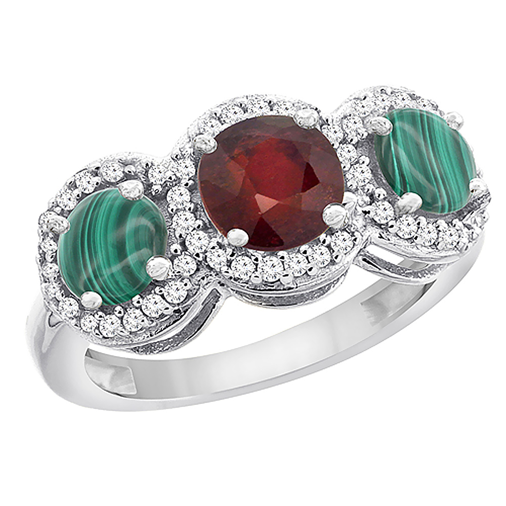 14K White Gold Enhanced Ruby &amp; Malachite Sides Round 3-stone Ring Diamond Accents, sizes 5 - 10