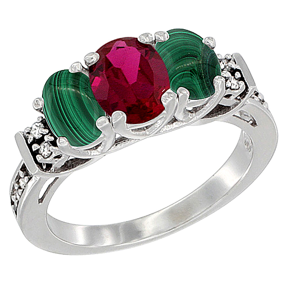 14K White Gold Natural Quality Ruby & Malachite 3-stone Mothers Ring Oval Diamond Accent, size 5-10