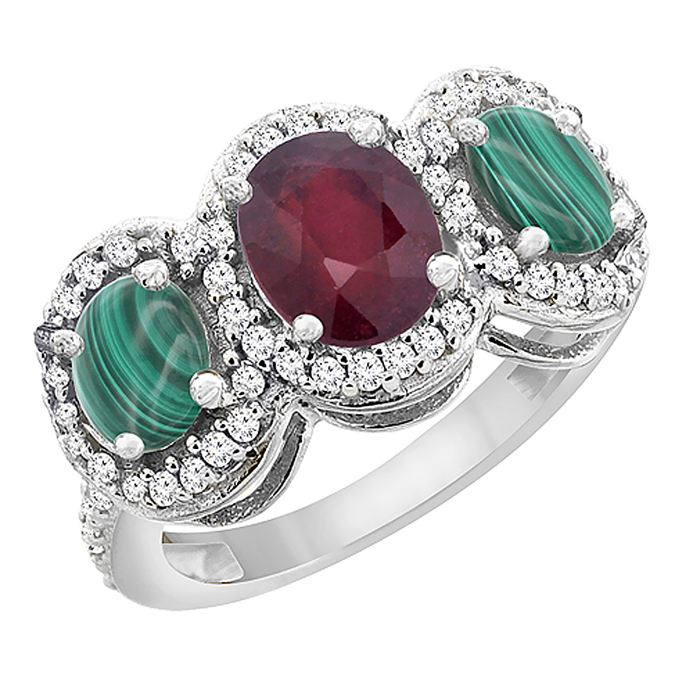 10K White Gold Natural Quality Ruby &amp; Malachite 3-stone Mothers Ring Oval Diamond Accent, size 5 - 10