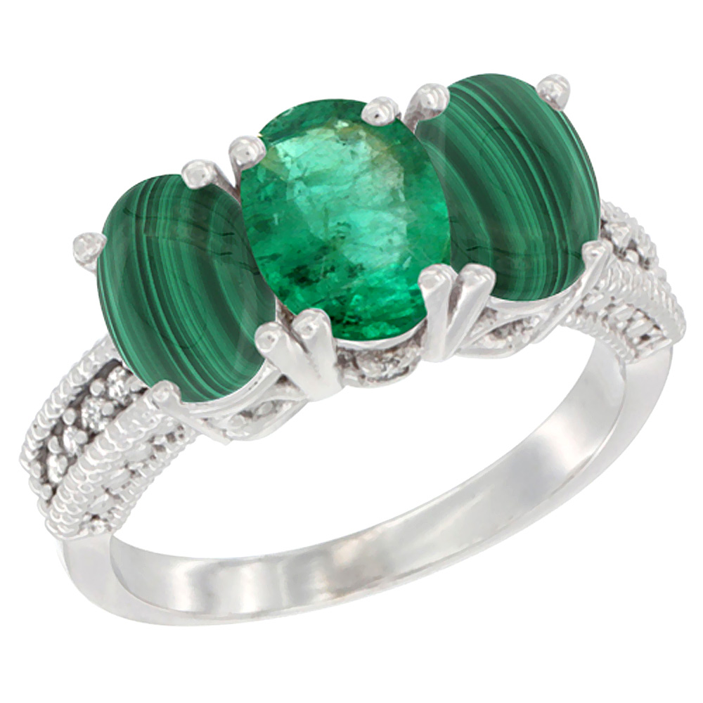 14K White Gold Natural Emerald Ring with Malachite 3-Stone 7x5 mm Oval Diamond Accent, sizes 5 - 10