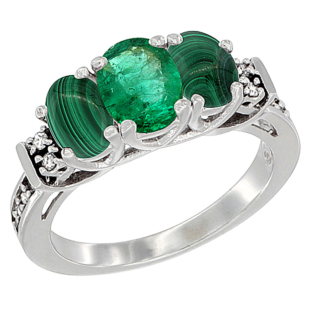 14K White Gold Natural Emerald &amp; Malachite Ring 3-Stone Oval Diamond Accent, sizes 5-10
