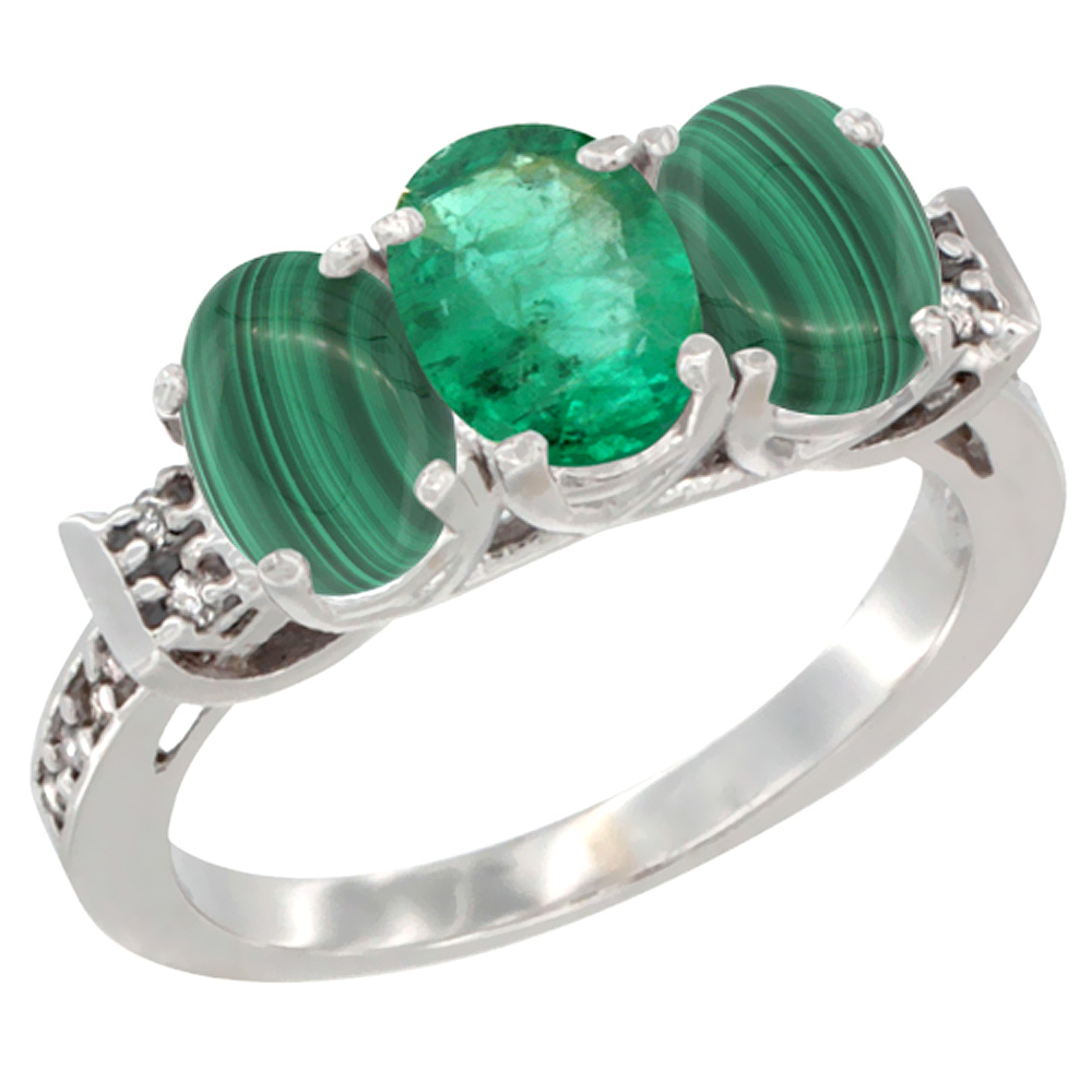 10K White Gold Natural Emerald &amp; Malachite Sides Ring 3-Stone Oval 7x5 mm Diamond Accent, sizes 5 - 10