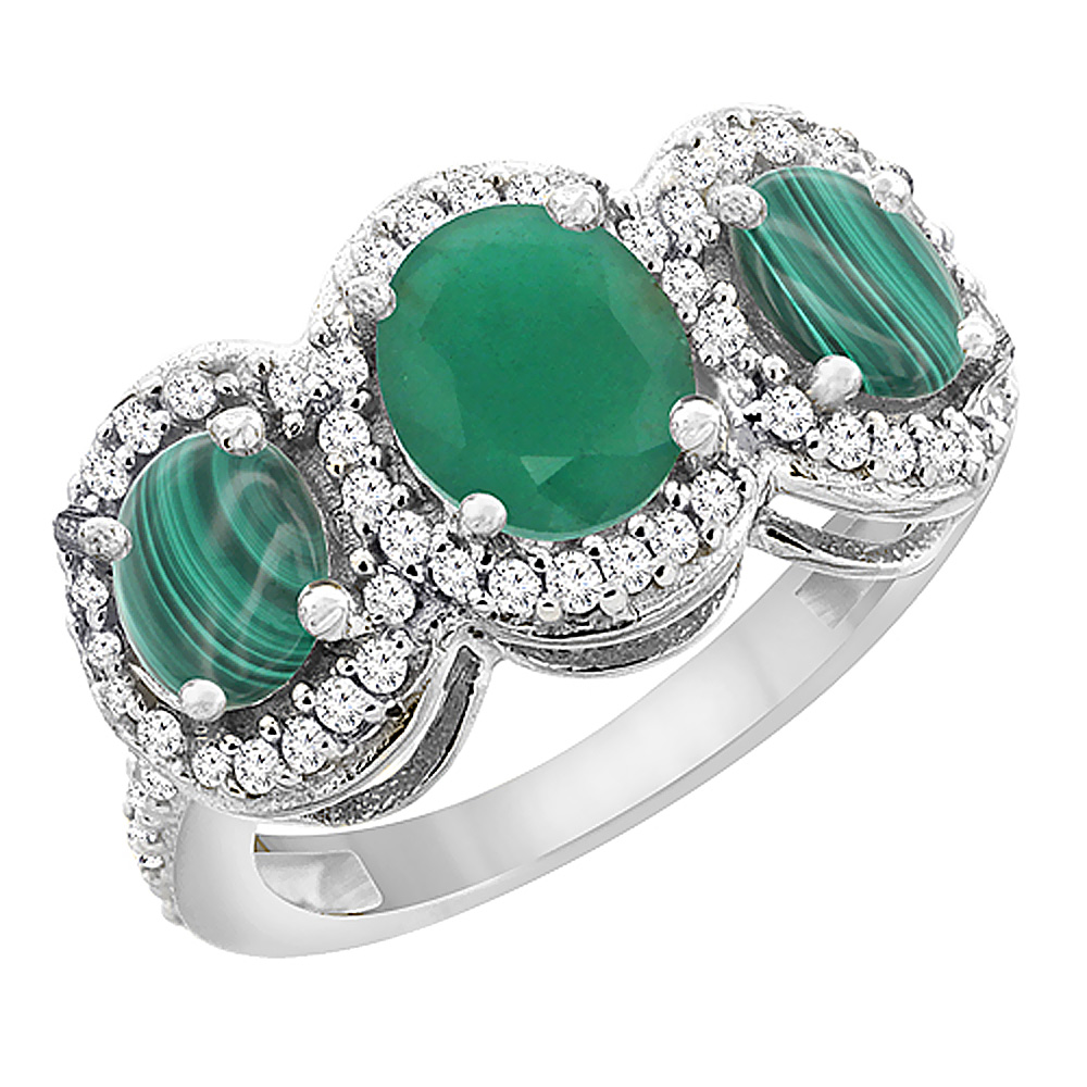 10K White Gold Natural Quality Emerald & Malachite 3-stone Mothers Ring Oval Diamond Accent, size 5 - 10