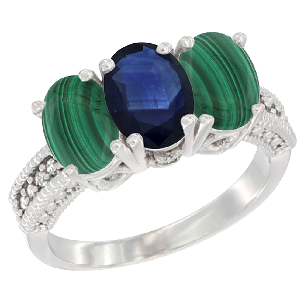 14K White Gold Natural Blue Sapphire Ring with Malachite 3-Stone 7x5 mm Oval Diamond Accent, sizes 5 - 10