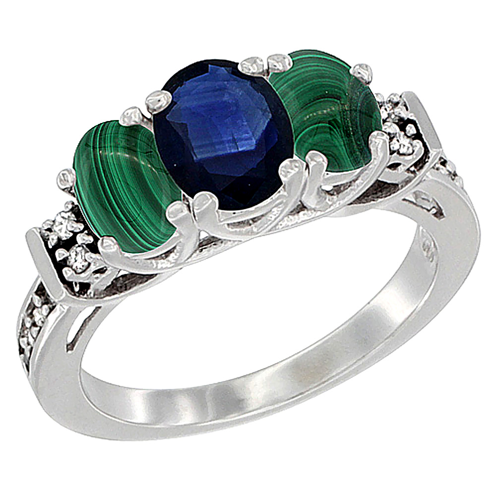 14K White Gold Natural Blue Sapphire & Malachite Ring 3-Stone Oval Diamond Accent, sizes 5-10