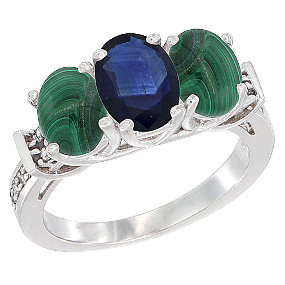 14K White Gold Natural Blue Sapphire &amp; Malachite Sides Ring 3-Stone Oval Diamond Accent, sizes 5 - 10
