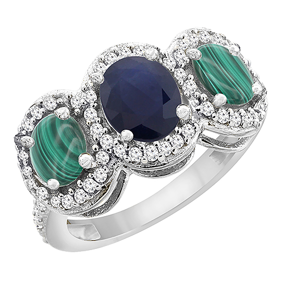 14K White Gold Natural Blue Sapphire & Malachite 3-Stone Ring Oval Diamond Accent, sizes 5 - 10