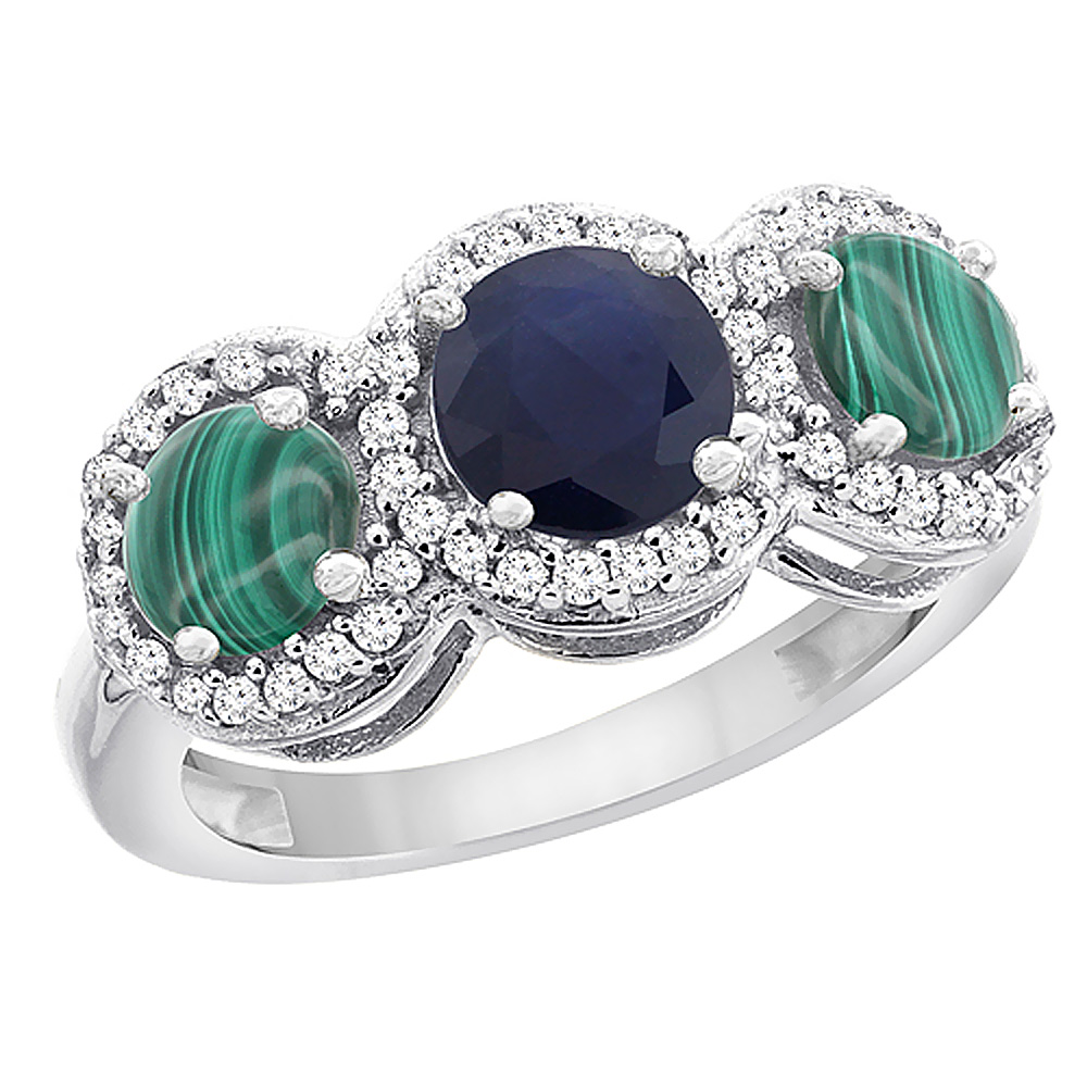 14K White Gold Natural High Quality Blue Sapphire & Malachite Sides Round 3-stone Ring Diamond Accents, sizes 5 - 10