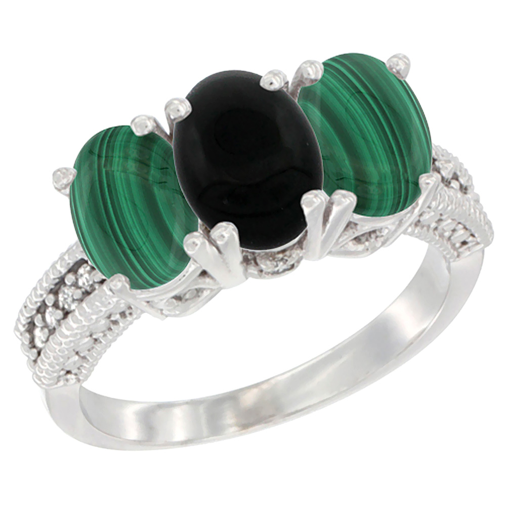 14K White Gold Natural Black Onyx Ring with Malachite 3-Stone 7x5 mm Oval Diamond Accent, sizes 5 - 10