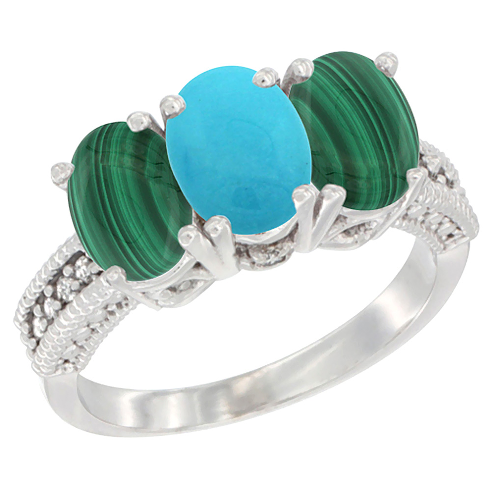 14K White Gold Natural Turquoise Ring with Malachite 3-Stone 7x5 mm Oval Diamond Accent, sizes 5 - 10