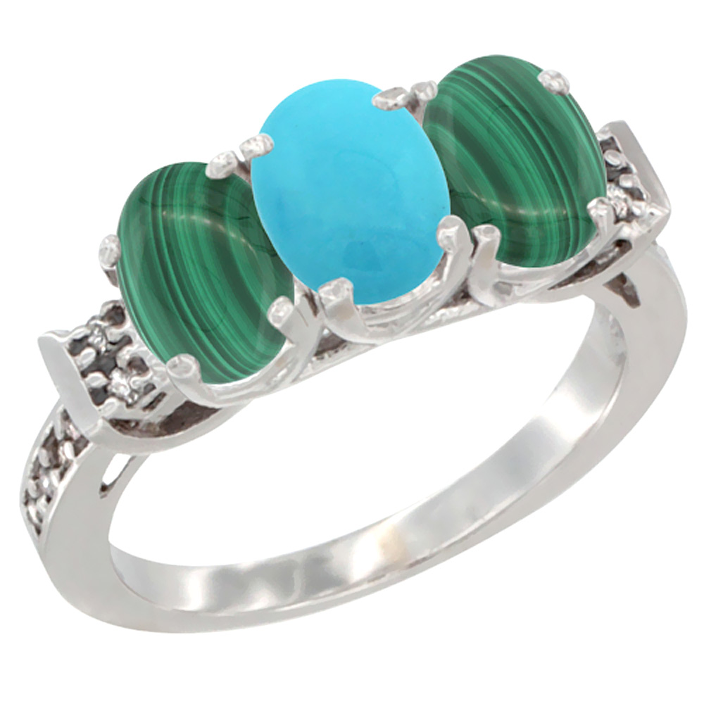 10K White Gold Natural Turquoise &amp; Malachite Sides Ring 3-Stone Oval 7x5 mm Diamond Accent, sizes 5 - 10