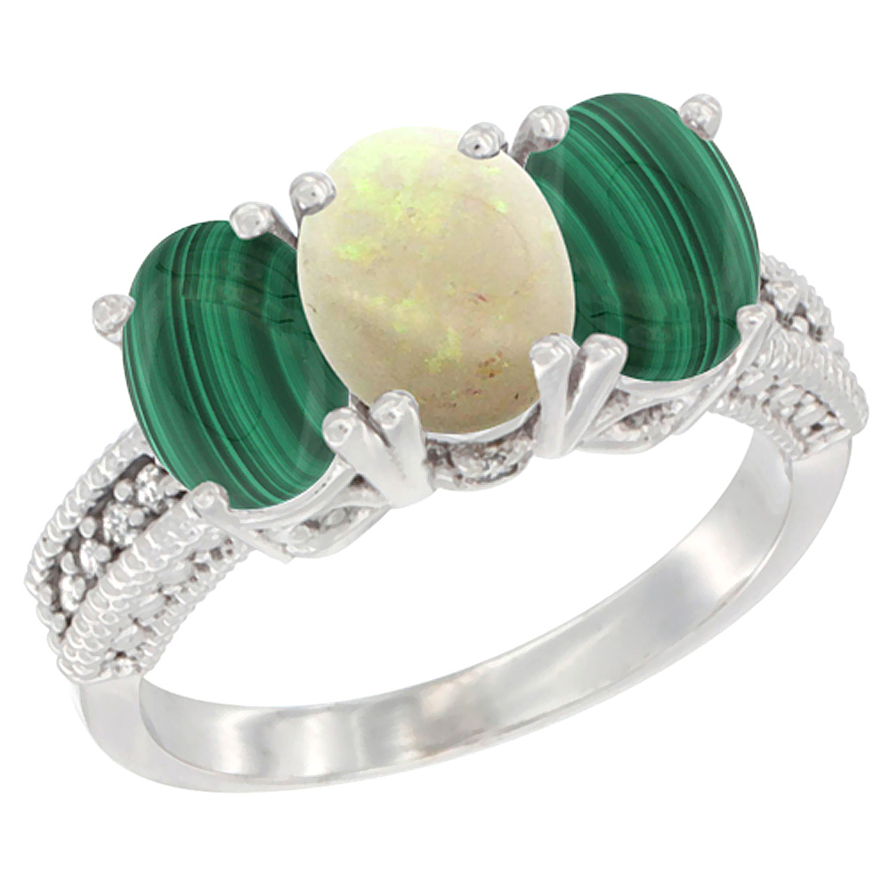 14K White Gold Natural Opal Ring with Malachite 3-Stone 7x5 mm Oval Diamond Accent, sizes 5 - 10