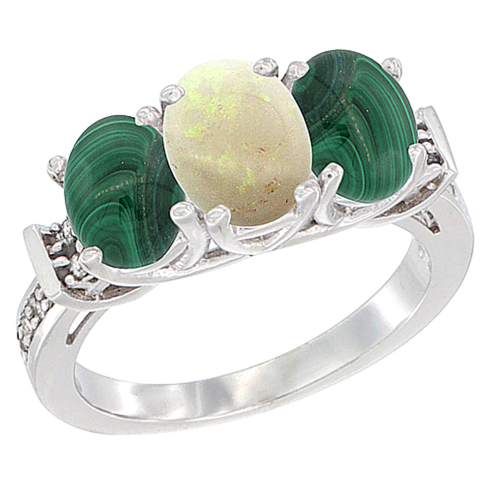 10K White Gold Natural Opal &amp; Malachite Sides Ring 3-Stone Oval Diamond Accent, sizes 5 - 10