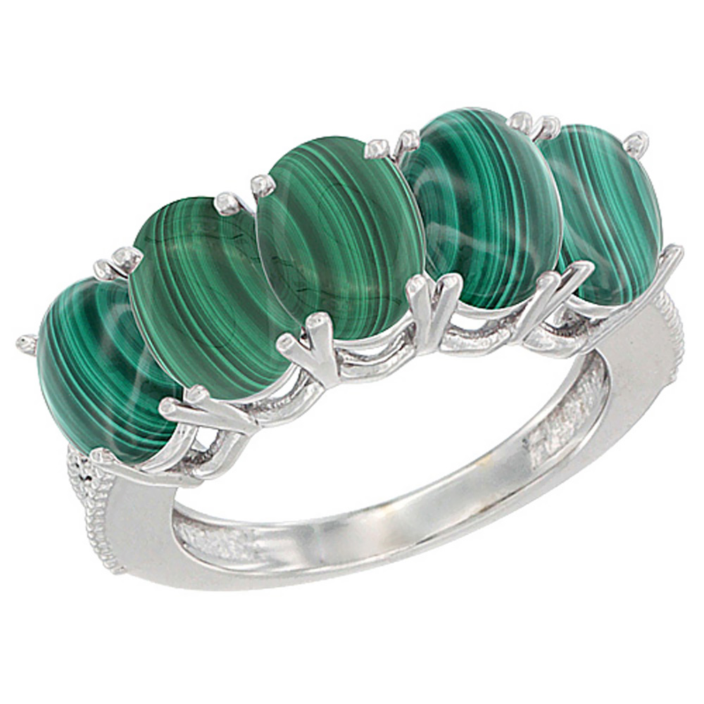 14K White Gold Natural Malachite 0.75 ct. Oval 7x5mm 5-Stone Mother&#039;s Ring with Diamond Accents, sizes 5 to 10 with half sizes