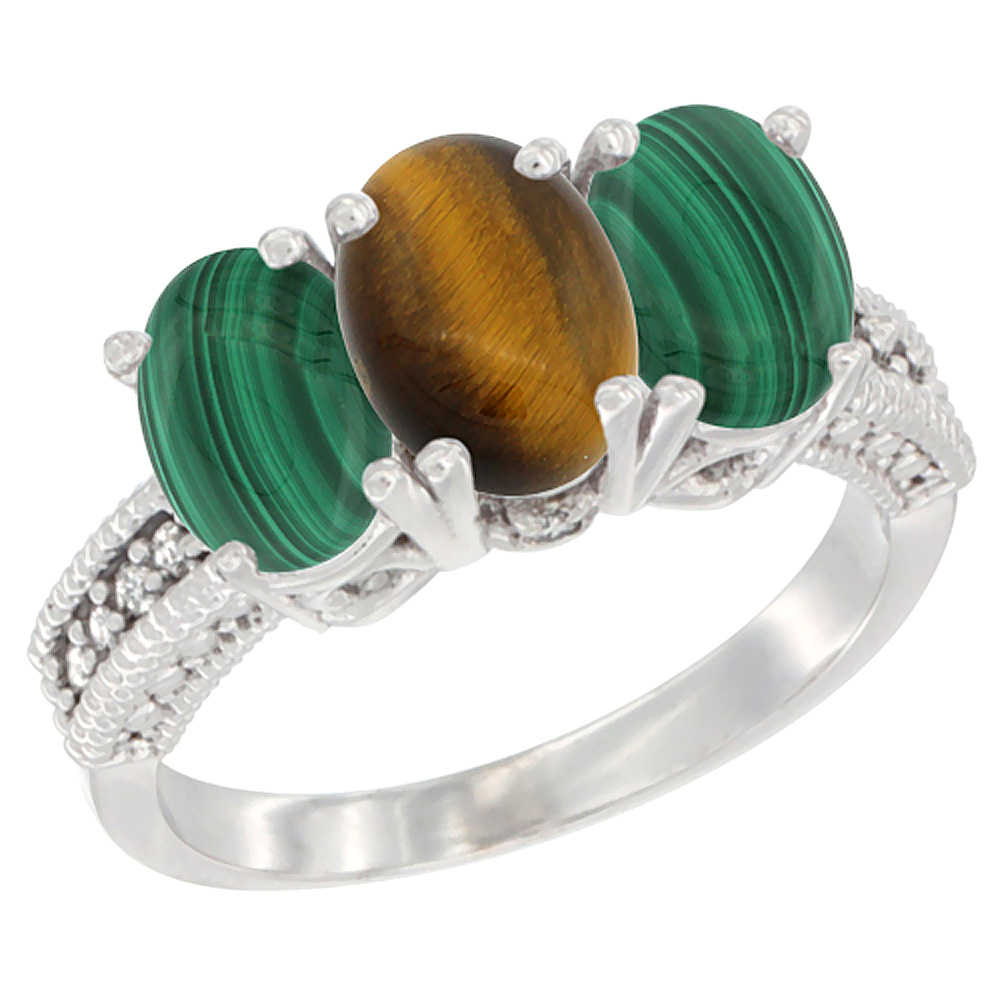 14K White Gold Natural Tiger Eye Ring with Malachite 3-Stone 7x5 mm Oval Diamond Accent, sizes 5 - 10