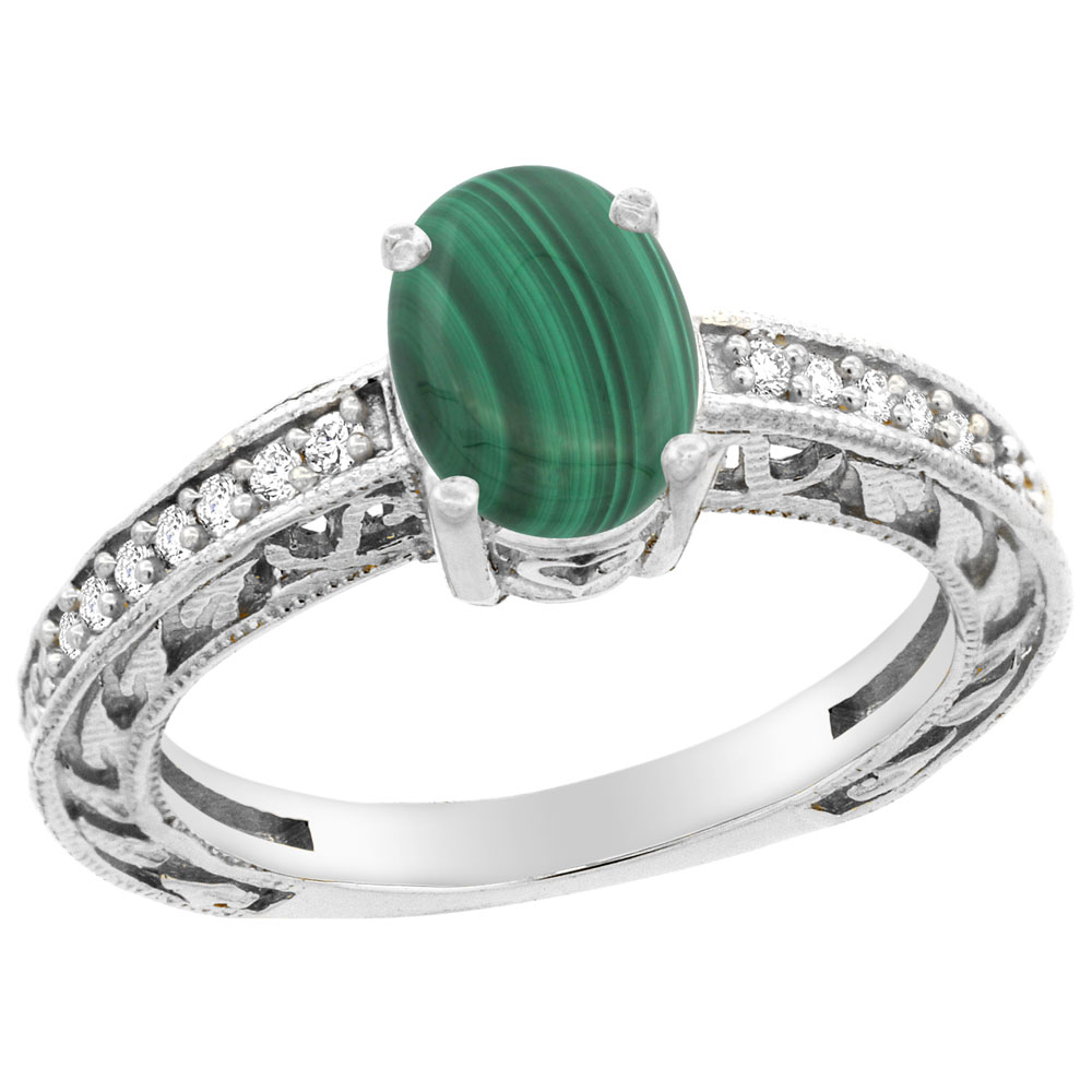 10K Gold Natural Malachite Ring Oval 8x6 mm Diamond Accents, sizes 5 - 10